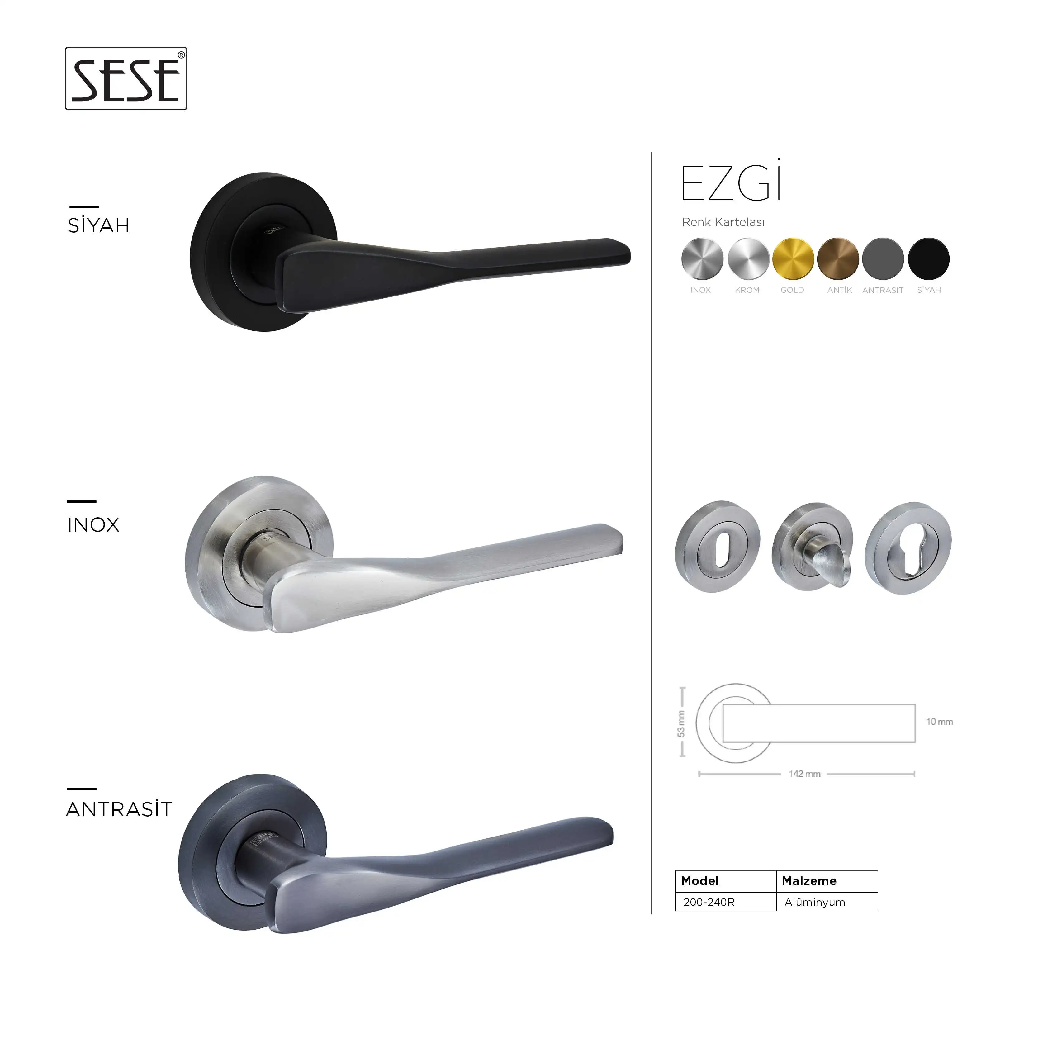 Sese Ezgi Modeli Yale Rozetli Dış Kapı Kolu Antrasit (200-240R-03-54) - 1