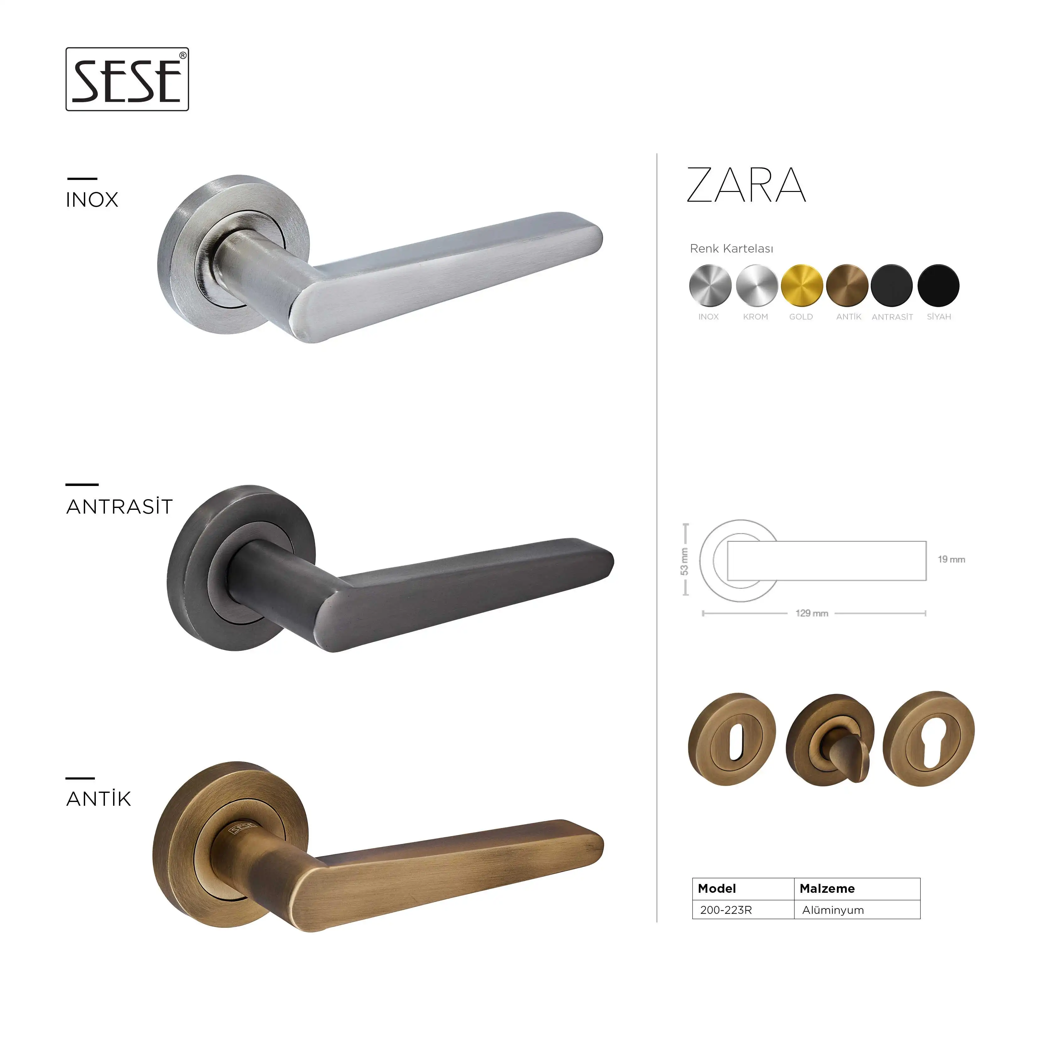 Sese Zara Modeli Yuvarlak Rozetli Oda Kapı Kolu Nikel Saten (200-223R-01-53) - 3