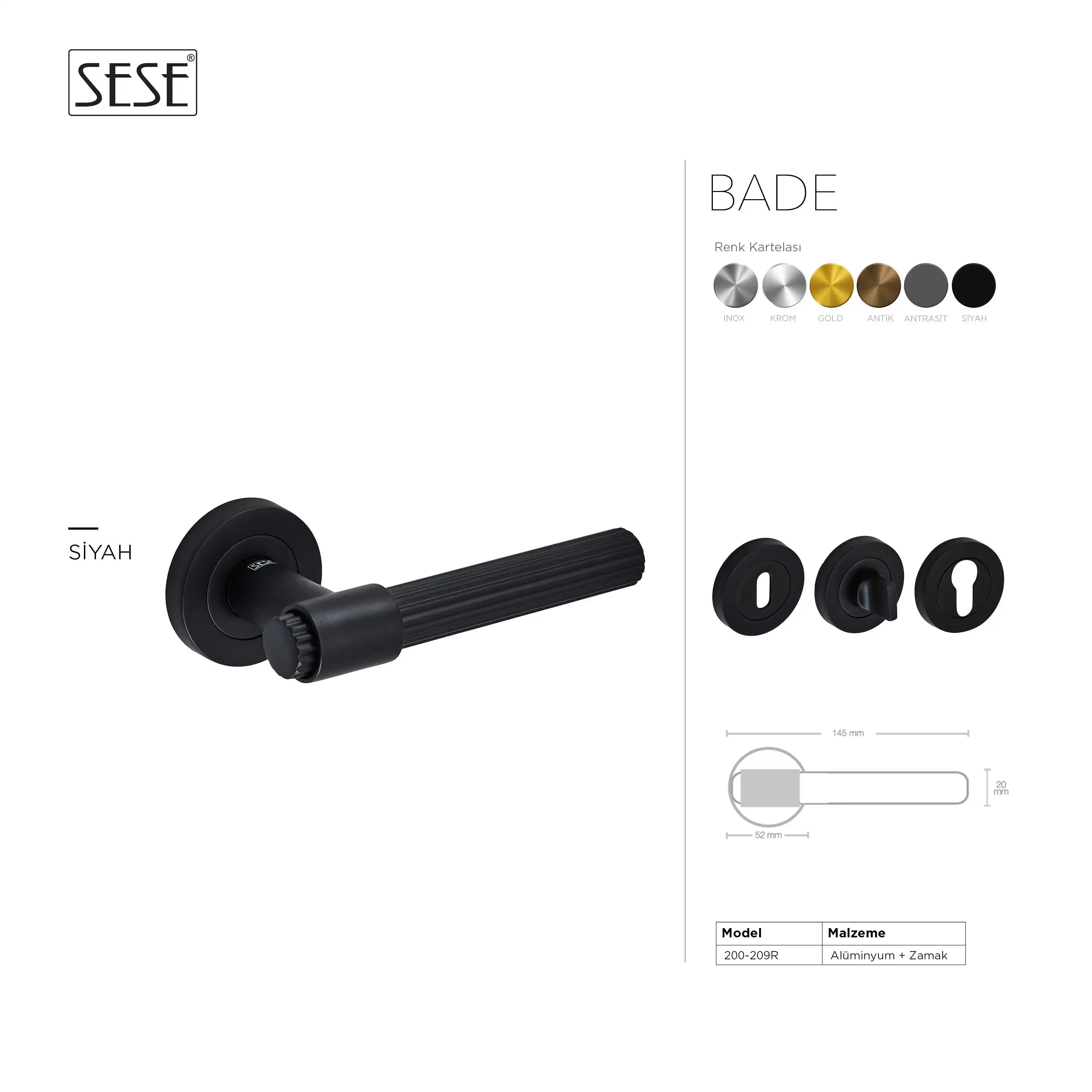 Sese Bade Modeli Yuvarlak Rozetli Wc Kapı Kolu Siyah (200-209R-02-02) - 5