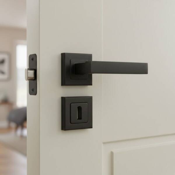 Sese Lama Modeli Kare Rozetli Oda Kapı Kolu Siyah 1 Takım (200-110R-01-02) - 1