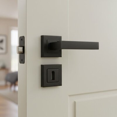 Sese Lama Modeli Ekonomik Kare Sac Rozetli Oda Kapı Kolu Siyah (200-110R-01-02/1) - 1