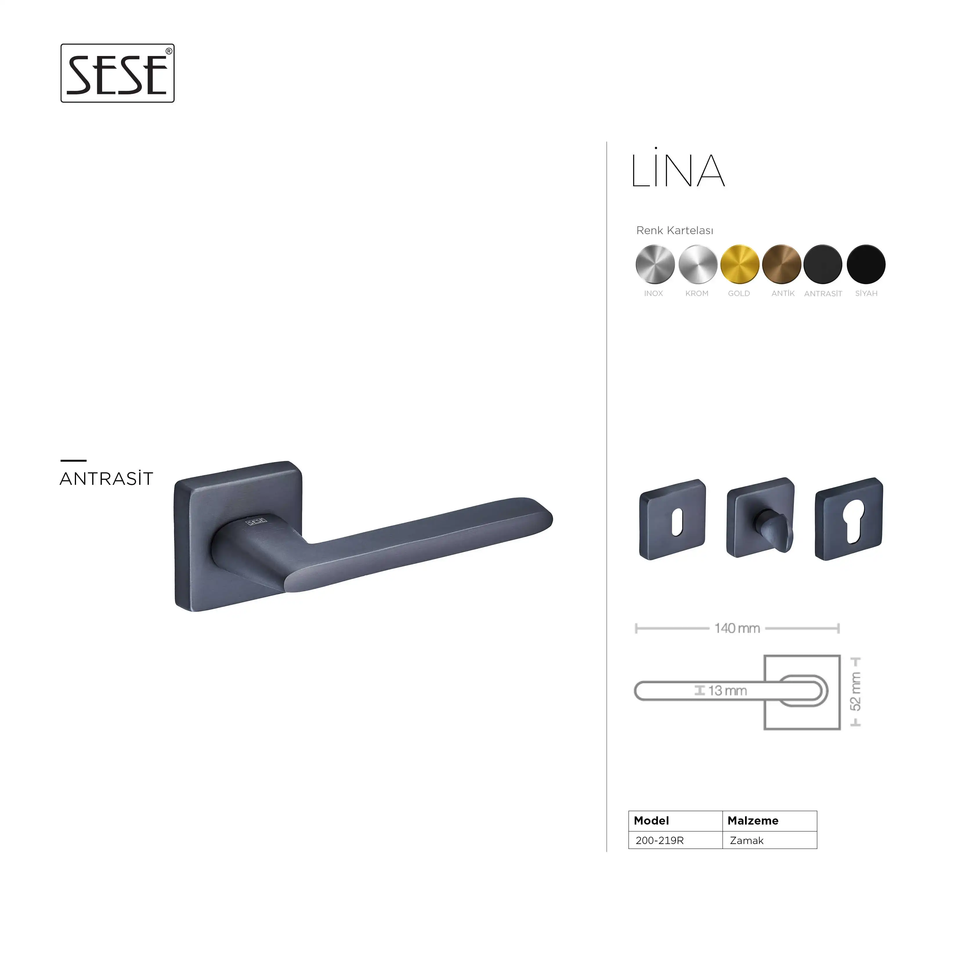 Sese Lina Modeli Rozetli Oda Kapı Kolu Antrasit Renk (200-219R-01-54) - 3