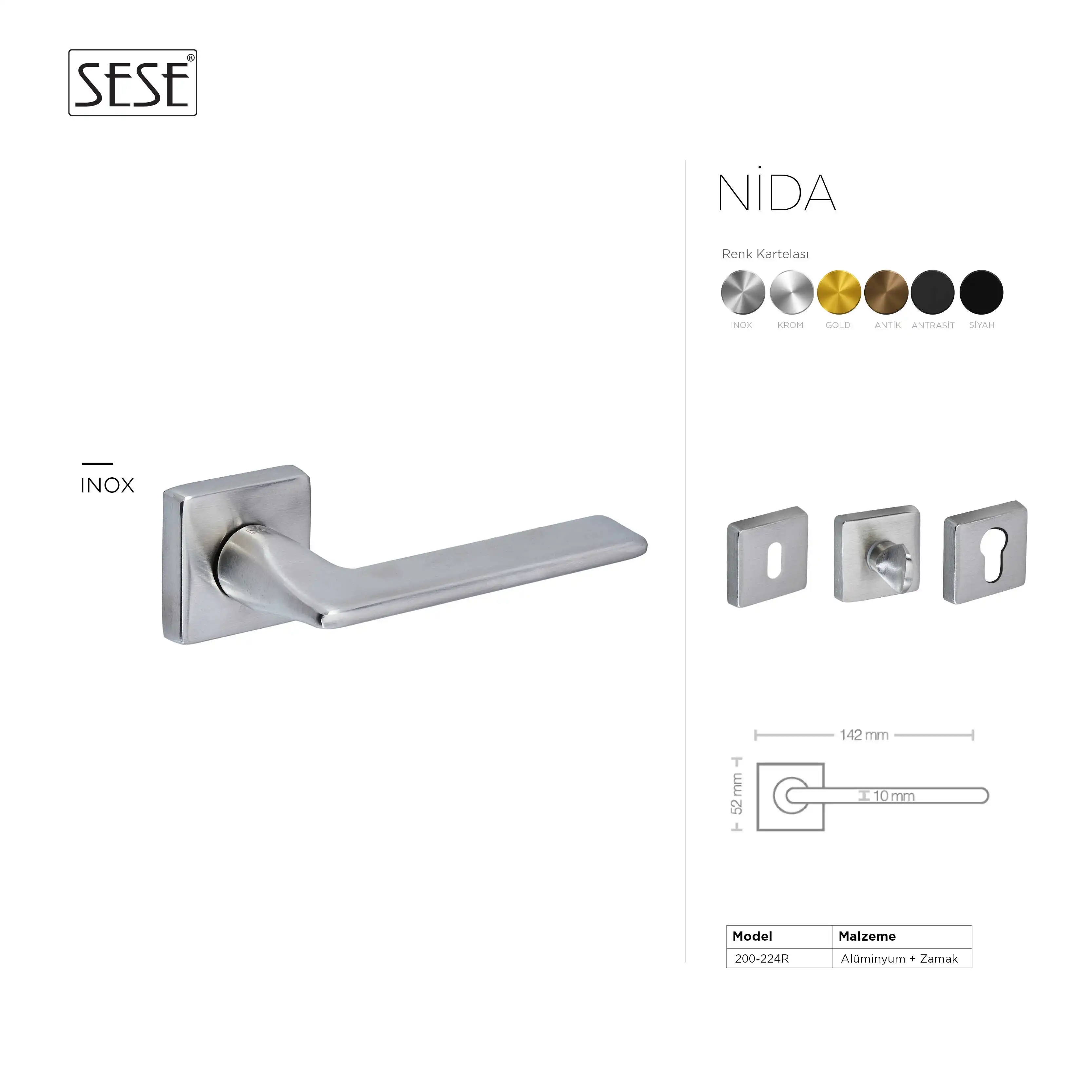 Sese Nida Modeli Kare Rozetli Wc Kapı Kolu Inox (200-224R-02-53) - 5