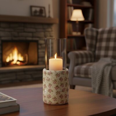 Vitale Şiva Çiçek Desenli Silindir Mumluk 12x18cm (Ak.fq0015) - Vitale