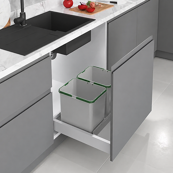 Starax 60cm Çekmece İçi Çöp Kovası 24+2 Litre Gri 2 Kova Modül 60cm (S-2535-G) - 1