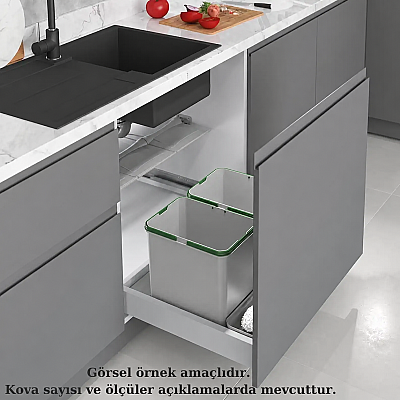 Starax 60cm Çekmece İçi Çöp Kovası Otomatik 32+2 Litre Gri 2 Kova Modül 60cm (S-2536-G) - Starax