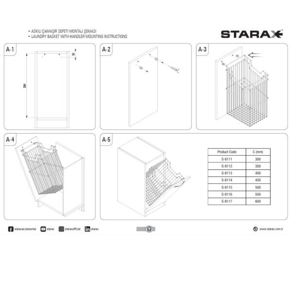 Starax Askılı Çamaşır Sepeti Krom Modül 30cm (S-8111-C) - 3