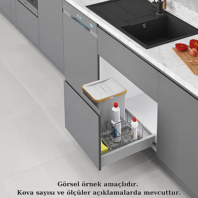 Starax 60cm Çekmece İçi Taşınabilir Sepetli Manuel Çöp Kovası 16+2 Lt Gri Tek Kovalı Modül 60cm (S-2534-G) - Starax