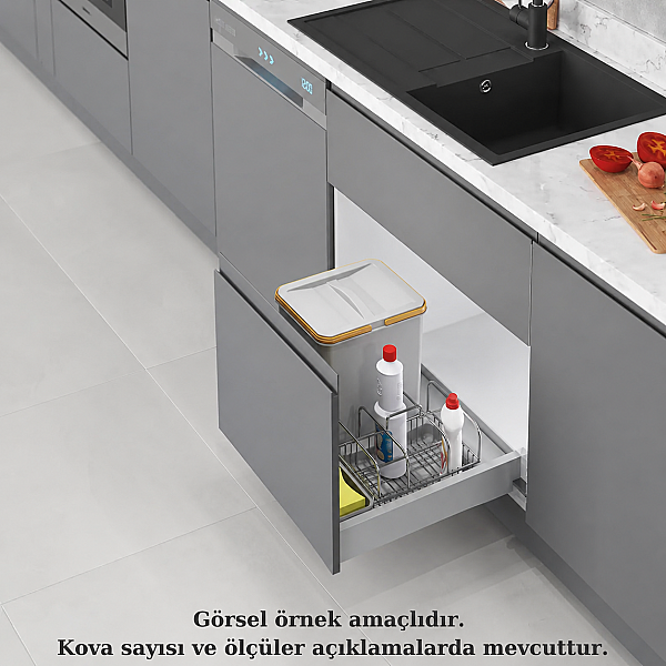 Starax 60cm Çekmece İçi Taşınabilir Sepetli Manuel Çöp Kovası 16+2 Lt Gri Tek Kovalı Modül 60cm (S-2534-G) - 1