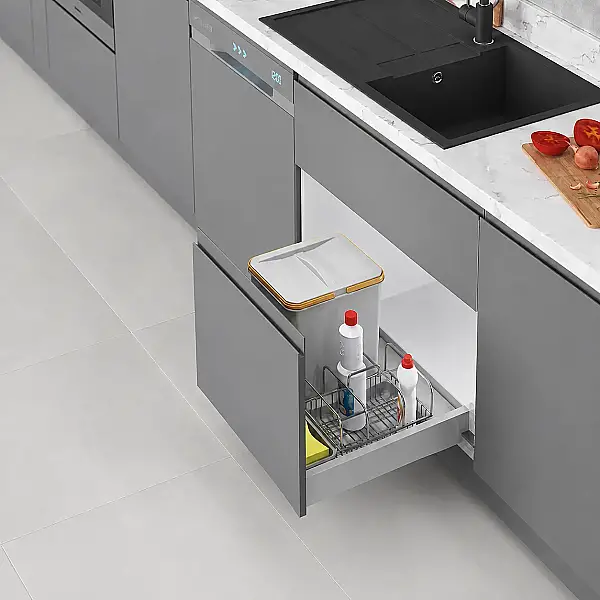 Starax 60cm Çekmece İçi Taşınabilir Sepetli Manuel Çöp Kovası 16+2 Lt Gri Tek Kovalı Modül 60cm (S-2534-G) - 1