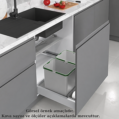 Starax 70cm Çekmece İçi Otomatik 2li Çöp Kovası 24+2 Litre Gri 2Kova Modül 70cm (S-2545-G) - Starax