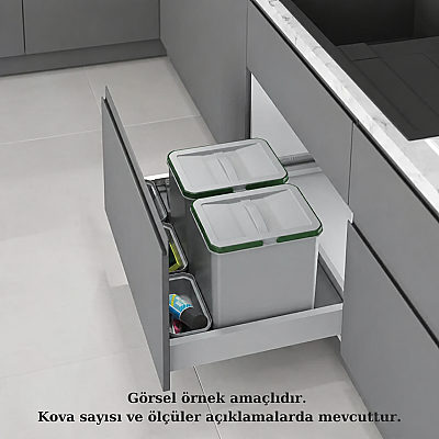 Starax 60cm Çekmece İçi Manuel Çöp Kovası 32+2 Litre Gri 2 Kovalı Modül 60cm (S-2532-G) - Starax