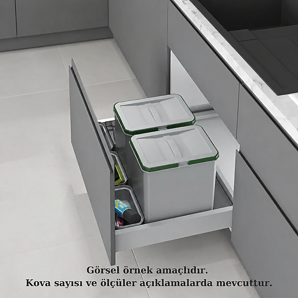 Starax 60cm Çekmece İçi Manuel Çöp Kovası 32+2 Litre Gri 2 Kovalı Modül 60cm (S-2532-G) - 1