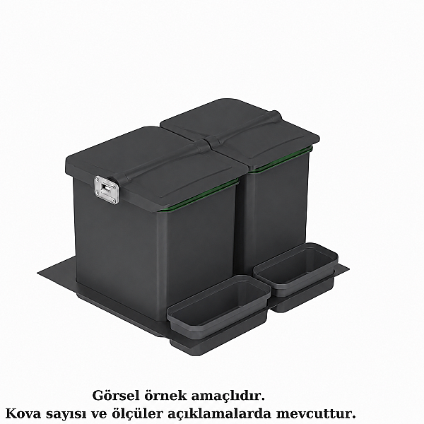 Starax 60cm Çekmece İçi Çöp Kovası 24+2 Litre Antrasit 2 Kova Modül 60cm (S-2535-A) - 2