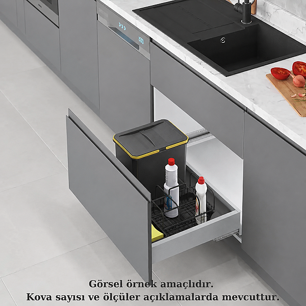 Starax 60cm Çekmece İçi Taşınabilir Sepetli Manuel Çöp Kovası 12+2 Lt Antrasit Modül 60cm (S-2533-A) - 1
