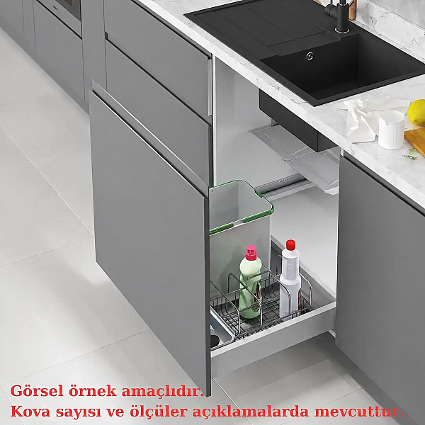 Starax Çekmece İçi Taşınabilir Sepetli Otomatik Tekli Çöp Kovası 16+2 Litre Gri Modül 60cm (S-2538-G) - 1