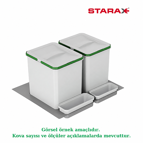 Starax 70cm Çekmece İçi Manuel 2li Çöp Kovası 32+2 Litre Gri Modül 70cm (S-2542-G) - 2