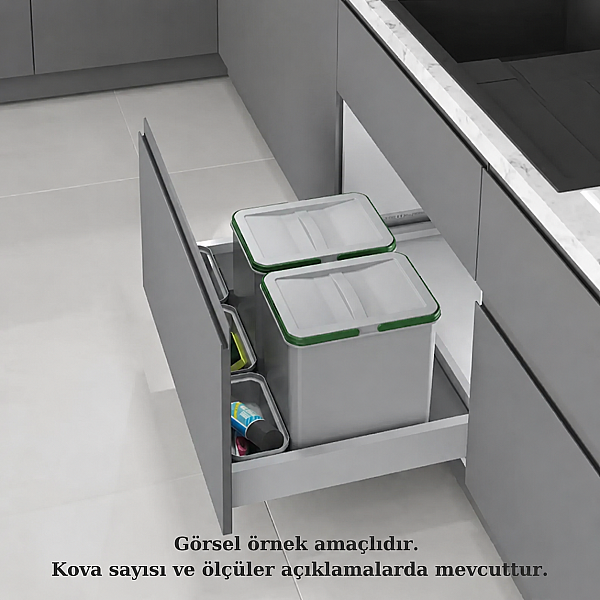 Starax 70cm Çekmece İçi Manuel 2li Çöp Kovası 32+2 Litre Gri Modül 70cm (S-2542-G) - 1