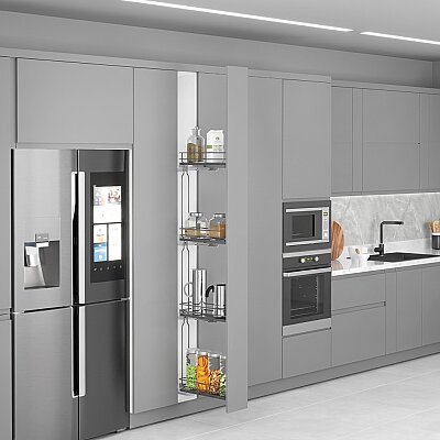 Starax Çift Açılım Gizli Raylı 4 Sepetli Ahşap Tabanlı Sağ Şişelik Frenli Krom 20cm (S-2928-C) - Starax