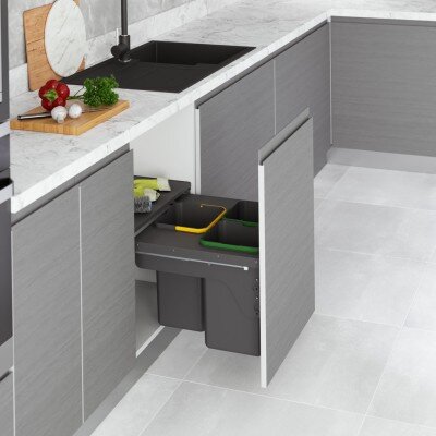 Starax 55cm 12+12+12lt Kapağa Monte Frenli Çöp Kovası Antrasit Renk 3 Kovalı (S-2384-A) - Starax