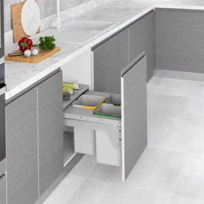 Starax 55cm 12+12+12lt Kapağa Monte Frenli Gri Renk Çöp Kovası 3 Kovalı (S-2384-G) - Starax