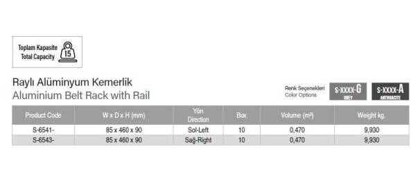 Starax Raylı Alüminyum Kemerlik SAĞ Gri (S-6543-G) - 2