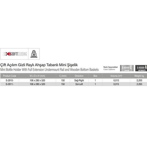 Starax 15cm Sağ Çift Açılım Gizli Raylı Ahşap Tabanlı Mini Şişelik Antrasit Renk (S-2910-A) - 4