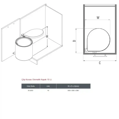 Starax 2253 Çöp Kovası Antrasit Renk Otomatik Kapak 10 Litre Modül 40cm (S-2253-A) - 3