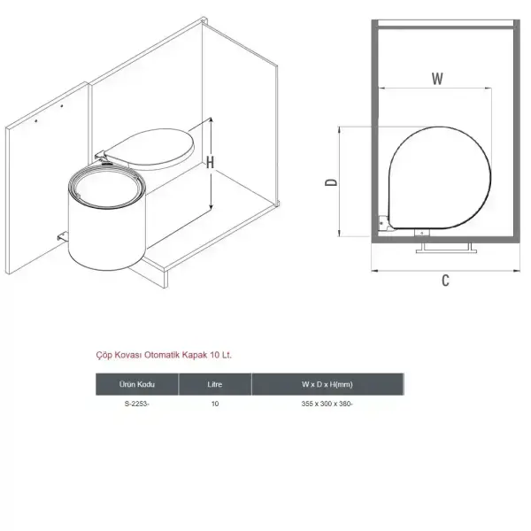 Starax 2253 Çöp Kovası Antrasit Renk Otomatik Kapak 10 Litre Modül 40cm (S-2253-A) - 3