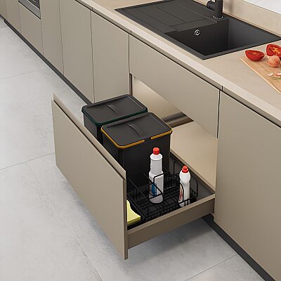 Starax 80cm Çekmece İçi Taşınabilir Sepetli 2 Kovalı Manuel Çöp Kovası 12+12+1+1+1 Litre Antrasit Renk (S-2553-A) - Starax