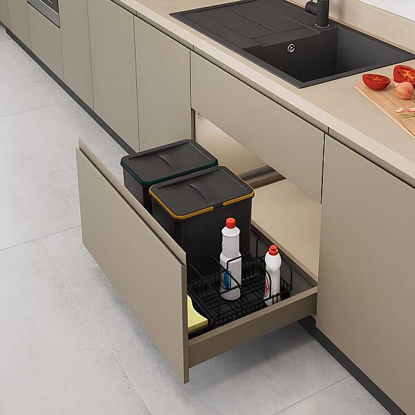 Starax 80cm Çekmece İçi Taşınabilir Sepetli 2 Kovalı Manuel Çöp Kovası 12+12+1+1+1 Litre Antrasit Renk (S-2553-A) - 1