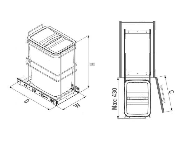 Starax 2590 Bağımsız Teleskopik Raylı Zemin Bağlantılı Çöp Kovası 35 Lt Frenli Gri Modül 30cm (S-2590-G) - 3