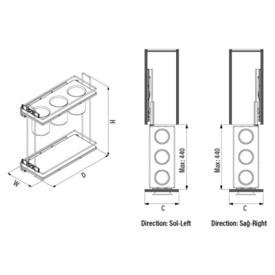 Starax 25cm Gizli Raylı Ahşap Tablalı Kepçelik Frenli Krom Sağ Modül Krom Renk (S-2652-C) - 3