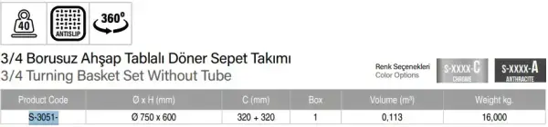 Starax 3/4 Borusuz Ahşap Tablalı Döner Sepet Takımı Antrasit Renk (S-3051-A) - 4