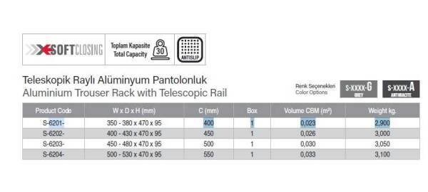 Starax 40cm Teleskopik Raylı Alüminyum Pantolonluk Antrasit Renk (S-6201-A) - 4