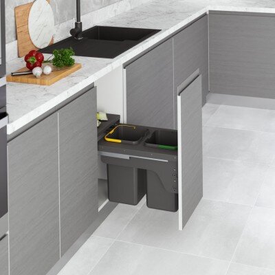 Starax 45cm 12+12lt Kapağa Monte Çöp Kovası Frenli Antrasit Renk 2 Kovalı (S-2382-A) - Starax