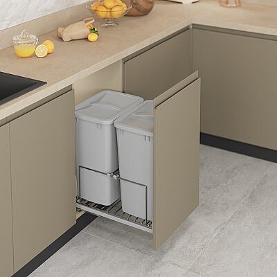 Starax 45cm Kapak Modül Zemin Bağlantılı Gizli Raylı Çöp Kovası 35+35 Litre Gri (S-2594-G) - Starax
