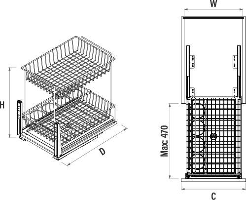 Starax 45cm Zemin Bağlantılı Tezgah Altı 2 Sepetli Ünite Krom Renk (S-2195-C) - 4