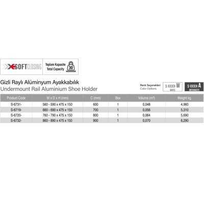 Starax 60cm Gizli Raylı Alüminyum Ayakkabılık Antrasit Renk (S-6731-A) - 3