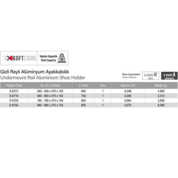 Starax 60cm Gizli Raylı Alüminyum Ayakkabılık Antrasit Renk (S-6731-A) - 3