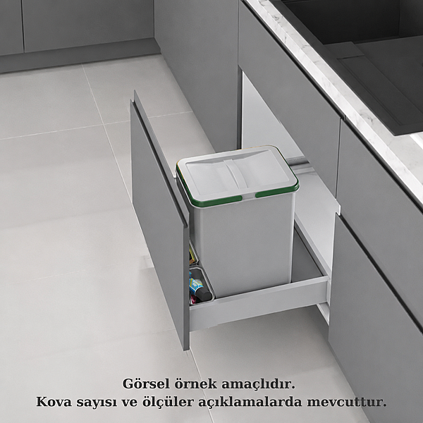Starax 70cm Çekmece İçi Manuel Tekli Çöp Kovası 12+1 + 1 Litre Gri Modül 70cm (S-2543-G) - 1