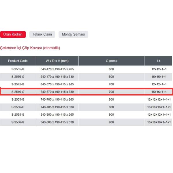 Starax 70cm 2 Kova 16+16+1+1 Litre Çekmece İçi Otomatik Çöp Kovası (S-2546-G) - 3