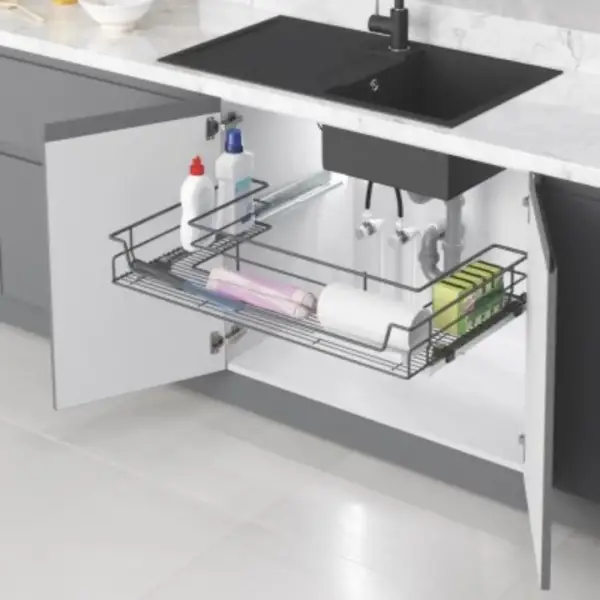 Starax 90cm Bağımsız Eviye Altı Çift Açılım Gizli Raylı Çekmece Antrasit Renk (S-2352-A) - 1