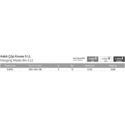 Starax Askılı Çöp Kovası 5Lt. Gri (S-2575-A) - 3