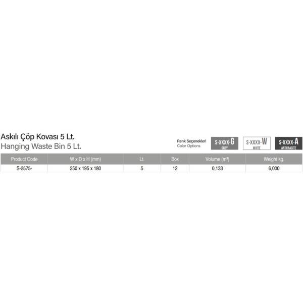 Starax Askılı Çöp Kovası 5Lt. Gri (S-2575-A) - 3