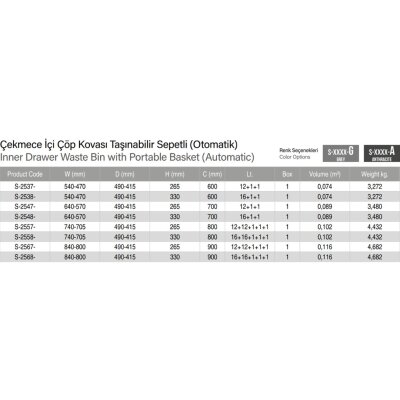 Starax Çekmece İçi Taşınabilir Sepetli Otomatik Çöp Kovası 24+3 Litre Gri 90cm (S-2567-G) - 3