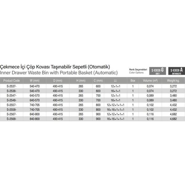 Starax Çekmece İçi Taşınabilir Sepetli Otomatik Çöp Kovası 24+3 Litre Gri 90cm (S-2567-G) - 3