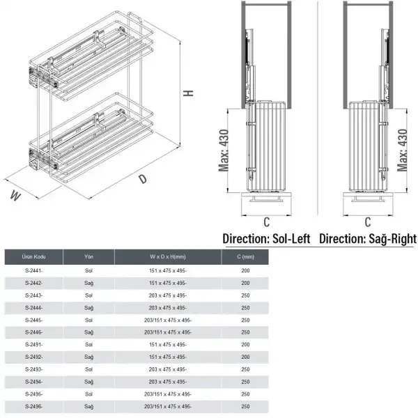 Starax Gizli Raylı Çift Aç Frenli Sağ Deterjanlık & Şişelik Antrasit Modül 20cm (S-2442-A) - 3