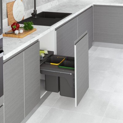 Starax 50cm 12+12+1Lt Kapağa Monte Çöp Kovası Frenli Antrasit Renk 2 Kovalı (S-2383-A) - Starax