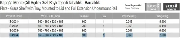Starax 90cm Kapağa Monte Çift Açılım Gizli Raylı Tepsili Tabaklık - Bardaklık Antrasit Renk (S-2034-A) - 5